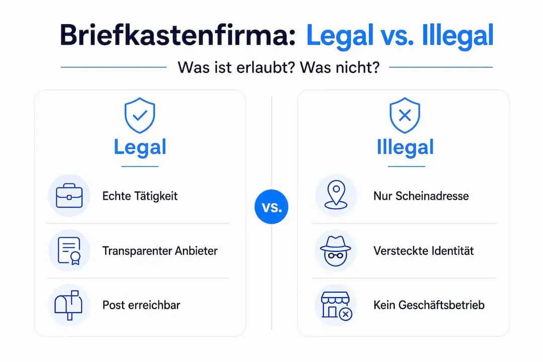 Eine Infografik zeigt die Unterschiede zwischen legalen und illegalen Briefkastenfirmen auf.