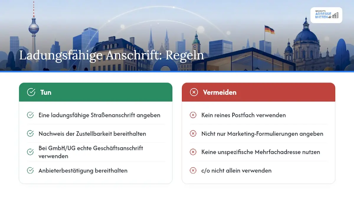 Ladungsfähigkeit, Impressum und Handelsregister: Was gilt in Deutschland? — overview diagram